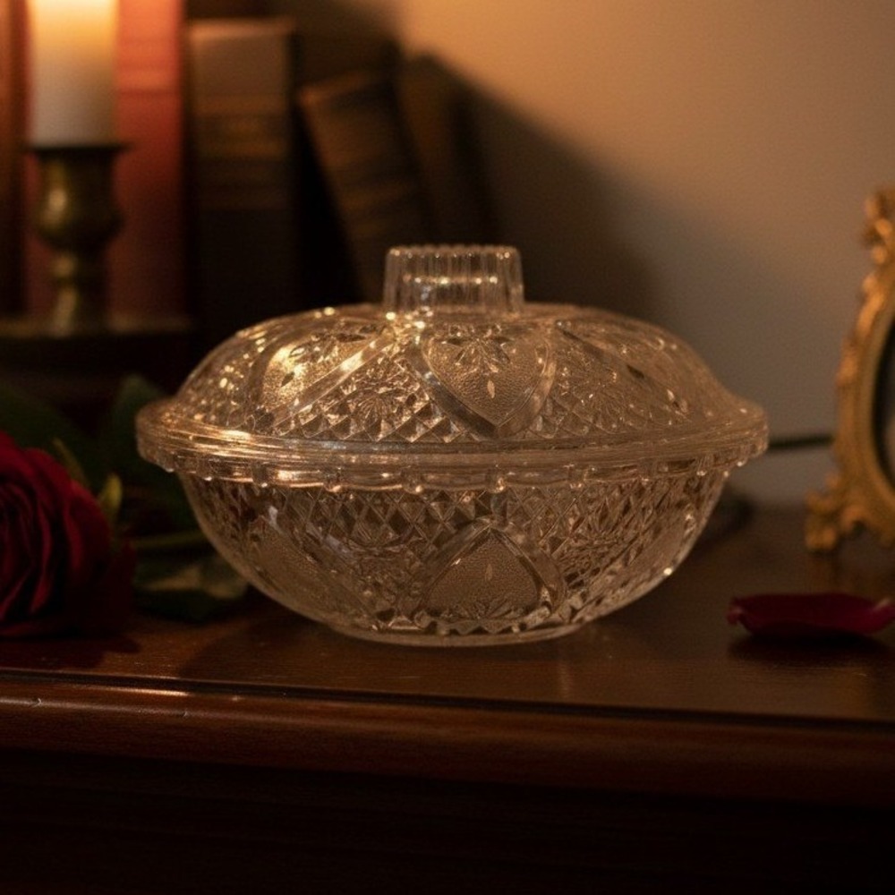 Pasari Indonesia Lidded Candy Dish, Hearts &‎ Flowers Pattern, Pressed Glass Jar